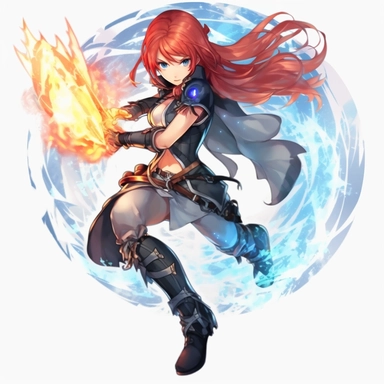 an anime character with red hair and blue flames, transparent background png clipart,anime,a city,a person with red hair and black clothes holding a sword in her hand,friends