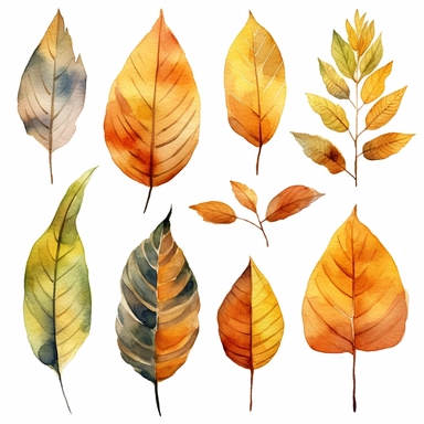 individual clipart of different leaves in watercolor