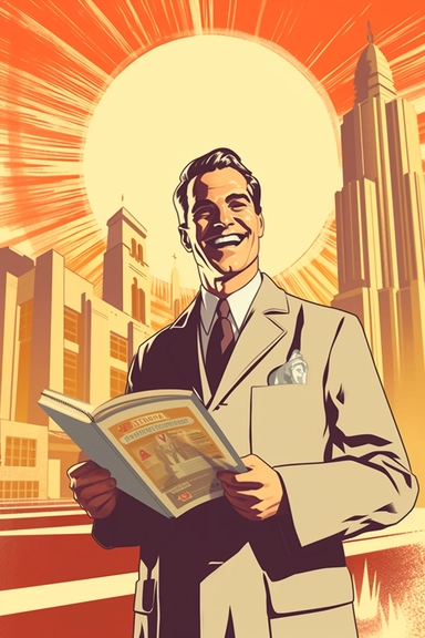 doctor with clipboard laughing, propaganda art style, art deco, construction company in background, lower third angle