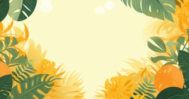 illustration of summer tropical background clipart tropical frame illustration, in the style of light yellow and dark orange, geometry-inspired, yanjun cheng, free-flowing lines, yellow and emerald, large canvas format, liquid emulsion printing