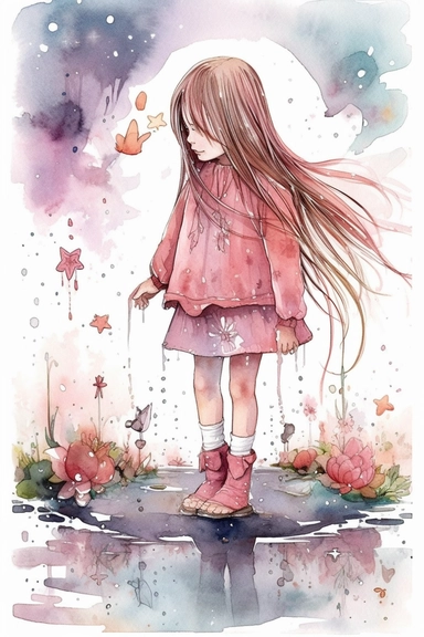 pale soft pink color little girl, 5 years, long hair, little shoes, jumping in a water puddle, water splashes around her, with flower headband, in the style of whimsical, stars, moon, detailed character illustrations, book illustration, watercolor style, textured paper, white background clipart