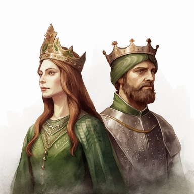 medieval king and queen beside each other, shoulder level image | COLOR THEME: dark green, olive green, army green, black, light pink | watercolor, clipart, hyperrealistic, white background