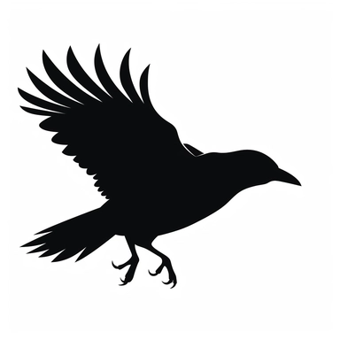 black and white silhouette of a flying halloween bird, clipart style, white background, thick lines, vector, simple design, flat colour, solid colour