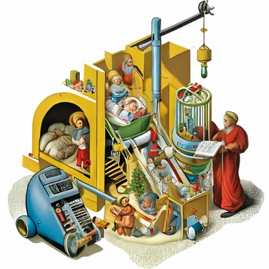 diagrammatic of a christmas crib including a vacuum cleaner and a big baby jesus, clipart, Hyper-detailed,