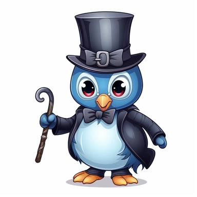IMAGE_TYPE: Vector clipart illustration | GENRE: Cute | EMOTION: Adorable | SCENE: An incredibly cute, penguin wearing a top hat and holding a cane, with big sparkling eyes, depicted in an anime-style vector illustration. The illustration showcases the charming features of the animal, including its expressive face, and awesome details. The Animal is placed on a clean and crisp white background, allowing the viewer to focus solely on its irresistible cuteness. | ACTORS: Lion | LOCATION TYPE: Whit