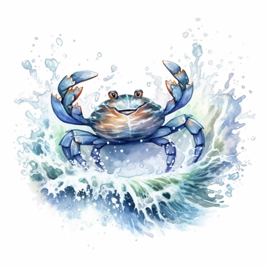 Watercolor hand-drawn crab illustration - jumping up from the foamy ocean wave, playful, happy mammal. Character, logo, children wallpaper, doodle, cartoon. Marine clip art. Ocean, sea inhabitant. White Background