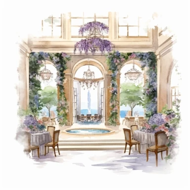 Watercolor drawing beautiful rich interior living room italian villa wedding venue in flowers, piscina e scalinate,watercolor clipart, white background, isolated on white, 8k, watercolor style