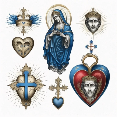 catholic imagery, icons, sacred heart, holy relics, handpainted , clip art sheet, blue accents, on white background