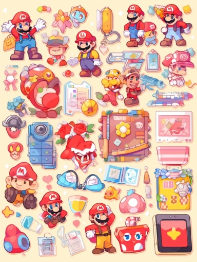 Clipart, Full body display, Knolling layout, Super Mario themed, lots of Jovely elements, pocket sticker, stationery set, vector stickers, high detail, charater sheet, Planner Stickers, Bright Colors, Hand Drawn Artwork, Floral Illustrations, Watercolor Design, single design, 8k
