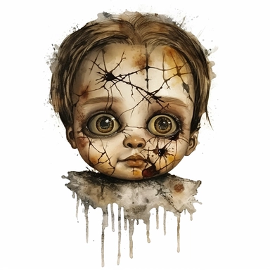 a headshot showing the scary face of a possessed antique doll with cracks, watercolor, ultra high-detail, dark outlines, clipart