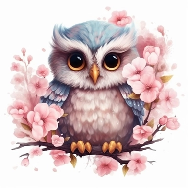 Sticker. A baby owl sits on a various flower tree with big eyes whole body watercolor illustration abstract fantasy background shadow for clipart ultra detail, high quality, 8k, hd quality