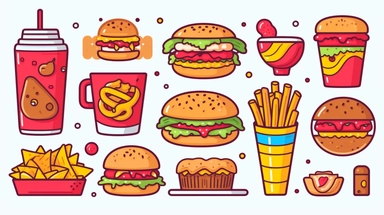 fast food vector clipart vector fast food cute collection, in the style of #screenshotsaturday, flat areas of color, flat color blocks, 1970–present, rough-edged 2d animation, lightbox, colorful animation stills