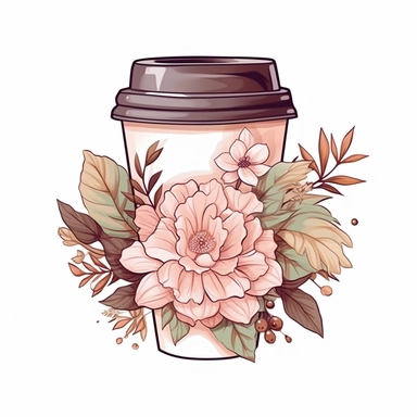 illustration To Go Coffee Cup Clipart, femmecore brown and light pink floral , white background