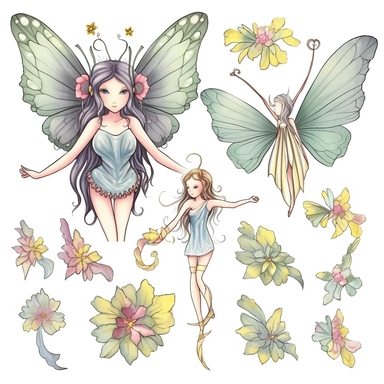 Clipart of spring fairy butterflies and flowers, in the style of watercolour, clean outline, magical, enchanted,
