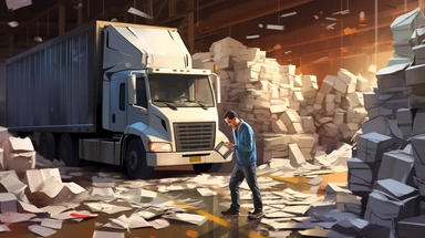 a truck driver checks into a digital tablet on a warehouse dock, dirty stacks of paper litter the floor on the wall behind him, clipart and cutout photos collage combined with vector illustrations