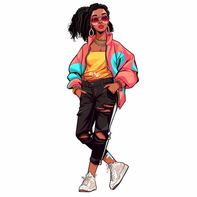 trendy black girl wearing streetwear, cartoon style, clipart