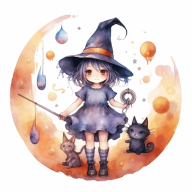 a young witch is standing in a magic circle with a magic wand in her hands, very cute demons are squatting around the circle, watercolor clipart, light colors, isolated white background, 8k –v 5
