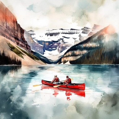 Watercolor clipart of lake louise with red canoe and people, no watermark, dynamic color, clean and highly detailed, soft color, sharp focused, watercolor art on white background
