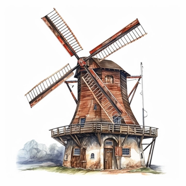 side rear view realistic watercolor drawing of a vintage windmill in Germany, on a white background where the background will be removed to repurpose as a clipart.