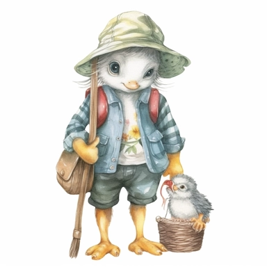 a Cute Happy Baby Penguin in clothing in the style of Watercolor Kate Greenaway Clipart, White Background