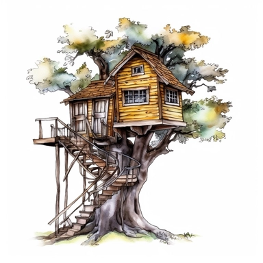 watercolour treehouse clipart illustration, on an isolated clean white background, with black ink outline and black border, cut out