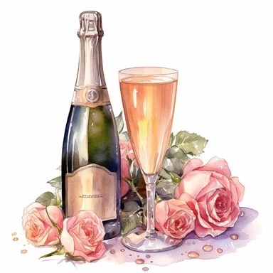 Watercolor a drawing of a bottle of champagne near a rose, in the style of nene thomas, grandiose composition, pascal blanché clipart, hd, detailed, on white background, spaced out
