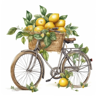 realistic bicycle with a basket full of lemons with leaves, vintage, very detailed, hipster style cafe, white background, still life photography, food photography, dessert photography, dreamy, clipart, watercolor illustration style