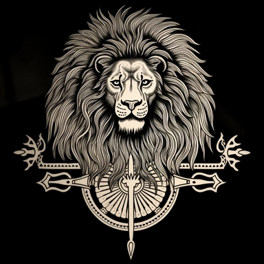 Design a majestic, black and white graphic tattoo that takes inspiration from the Persian 'shir-o-khorsheed' emblem. Feature a lion, standing fearless and calm, bathed in the glow of a radiant sun. The lion's features should be intricately detailed, a symbol of strength and authority. Ensure the sun's rays are bursting forth, giving the impression of a bright future and unfaltering optimism. Intertwine a Shamshir sword into the design, an emblem of courage and valor, perhaps held proudly by the 