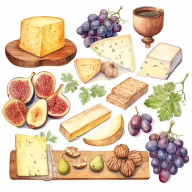 Watercolor cheese platter with wallnuts and grapes and raisins and figs and herbs nicely placed along with cheese on a very large wooden flat plate or cutting board, illustrations clipart set, simple, soft colors, cartoon elements, different variants, cheese from around the world, wooden elements, separate elements with a margin