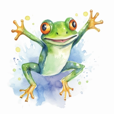 cute happy jumping frog sketch, watercolour style, bright colours, untextured white background, clipart