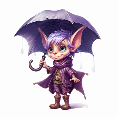 Cute Adorable magical little Elf with big pointed ears holds a umbrella in his hand wears a raincape and stand in the rain on a country road, clipart, photorealistic illustration, watercolor, high detail, 8k polished, 8k, vibrant colors, sticker, majestic, die cut, black and purple color, white background