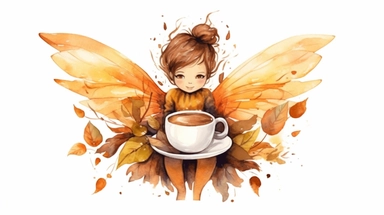 cute coffee fairy, autumn theme colors, thick border lines, watercolor, clip art, spaced out, white background