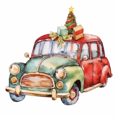 watercolor clipart of Christmas car, vintage red green gold colors, isolated on white background