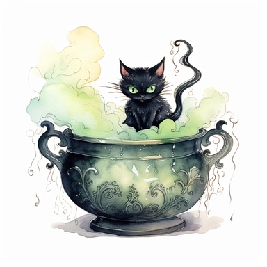 picturesque scene, watercolor and ink style, black cat and witches ornate footed cauldron with green vapor and poison cloud, clipart on plain white background, Halloween vibes, super scary cute in high detail ultra precision 16k HD, clean crisp brushwork, painted by Beatrix Potter