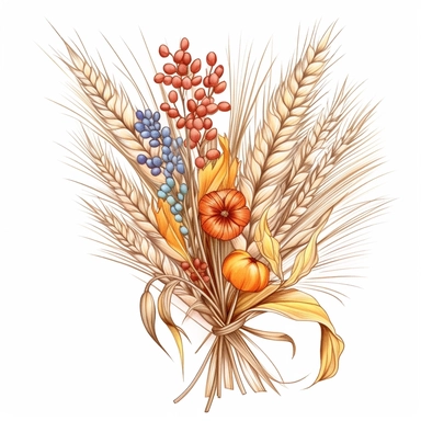 bouquet of wheat and wildflowers color pencil sketch on a white background for clipart