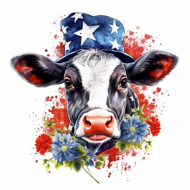 painterly cutie baby dairy cow sublimation clipart, 4th of July theme, intricate detail, illustration style, 4k, high solution, on the white background