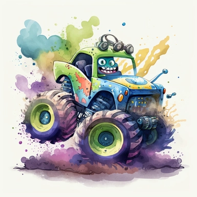 draw a nursery, racing monster truck, a one single watercolor-style clipart, a product image, white background, The image should have a whimsical and vibrant aesthetic, The image should be adorned with details such colors, mechanical parts, racing numbers and funny car tunning. The overall mood of the illustrations should be playful, fun, and vibrant.