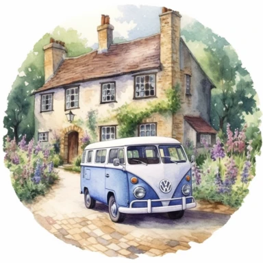 watercolor cottage core style volkswagen bus clipart in England, there is a cute village in the background in circle layout, the car is on a cobblestone road, the background is emphasized, realistic flowers and gardens, clipart, white background