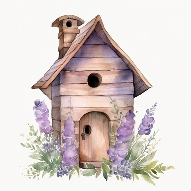 Clipart, lavenderaround wooden bird house, watercolor, whimsical, enchanting, nostalgic, minimalistic