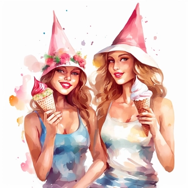 beauty girls eating ice creams on a party digital clipart on white background