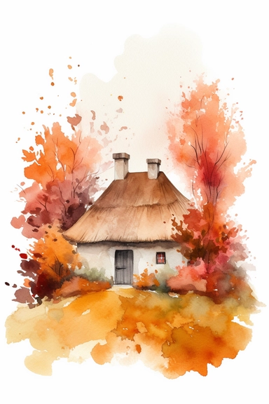 a watercolor clipart on white background of a cozy thatched roof cottage with stone walls and a chimney with smoke coming out, nestled among trees with leaves in shades of red, orange and yellow with vibrant autumn foliage and a pumpkin patch in the garden