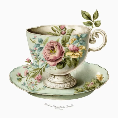 vintage old school pastel tea cup, watercolour clipart, floral art