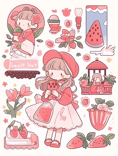 a sticker clipart drawing of a girl with a strawberry and, in the style of booru, dreamlike motifs, group material, outdoor scenes, sleepycore, collecting and modes of display, light pink and red