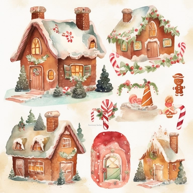 Generate a series of watercolor clipart images inspired by the magic of Christmas. Include elements such as gingerbread houses, reindeer, snowmen, and Christmas trees. The images should have a soft, dreamy quality with clear lines and delicate, watercolor hues. The clipart should be perfect for use in scrapbooking, card-making, and other festive projects.