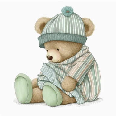 an ultra Cute little newborn baby teddy bear wearing pyjamas, dusky sage green shabby chic traditional classic striped pyjamas and a bedtime hat , watercolour, cute,, bedtime, sleepy, dreamy, isolated on white background, Clipart