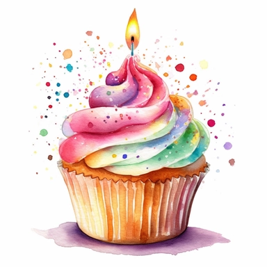 watercolored clipart Birthday cupcake with candle on top