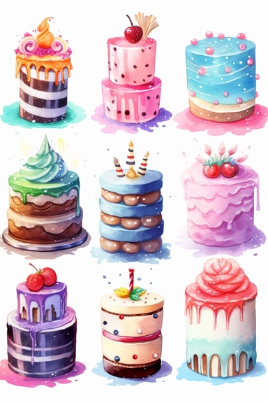 water color Birthday cake clipart bundle