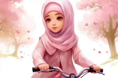Aisha Hisan, a beautiful 5 year old girl, pink dress, pink hijab, pink clothes, riding a bicycle on the road, ground view, Watercolor Clipart, strybk, full Illustration, 4k, sharp focus, watercolor, smooth soft skin, symmetrical, soft lighting, detailed face, concept art, watercolor style, strybk, children's style fairy tales, chibi kawaii, . Octane rendering, 3d. Perfect face, detailed face, delicate face, perfect sharp lips, detailed eyes. Craig Davison, Aubrey Beardsley, Conrad Roset, Aikut A