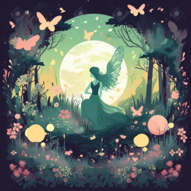 A mesmerizing fairy in a mystical forest, delicate wings shimmering with iridescent colors, surrounded by glowing flowers and soft moss, Enchanted forest with ancient trees and dappled sunlight, Serene and magical atmosphere, Clipart, using flat colors and simple shapes to depict the scene