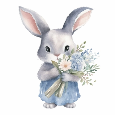 A sophisticated and enchanting collection of elegant watercolor clipart depicting a blue baby bunny holding a wildflower bouquet. The hand-painted bunny is lovingly rendered in soft, dreamy shades of blue that highlight its delicate features, expressive eyes, and fluffy fur. The artist skillfully pairs the blue baby bunny with an assortment of wildflowers, such as poppies, bluebells, and daisies, creating a harmonious and delightful composition. This charming clipart set is perfect for enhancing